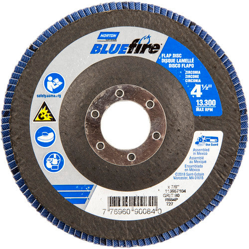 ‎4-1/2 × 7/8″ BlueFire Fiberglass HD Flat Flap Disc Type 27 P80 Grit R884P1 Zirconia Alumina - Caliber Tooling