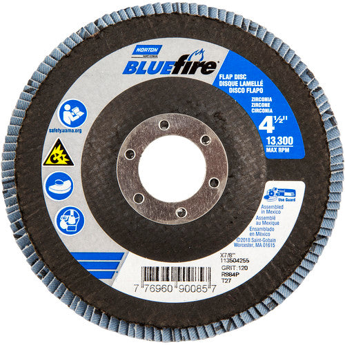 ‎4-1/2 × 7/8″ BlueFire Fiberglass HD Flat Flap Disc Type 27 P120 Grit R884P2 Zirconia Alumina - Caliber Tooling