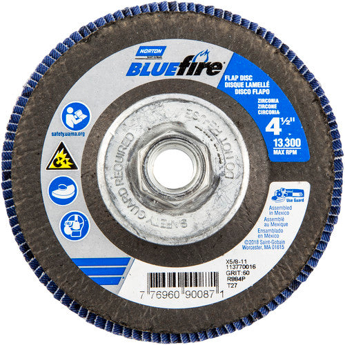 ‎4-1/2 × 5/8 - 11″ BlueFire Fiberglass HD Flat Flap Disc Type 27 P60 Grit R884P1 Zirconia Alumina - Caliber Tooling