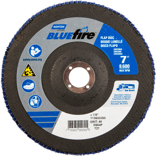 7 × 7/8″ BlueFire Fiberglass HD Flat Flap Disc Type 27 P40 Grit R884P1 Zirconia Alumina - Caliber Tooling