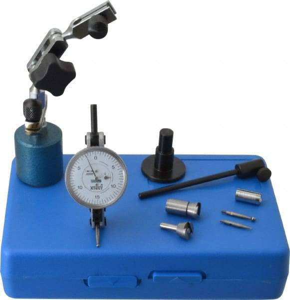 Fowler - 9 Piece, 0" to 0.06" Measuring Range, 1-1/2" Dial Diam, 0-15-0 Dial Reading, Horizontal White Dial Test Indicator Kit - 0.08" Ball Diam, 0.0005" Dial Graduation - Caliber Tooling