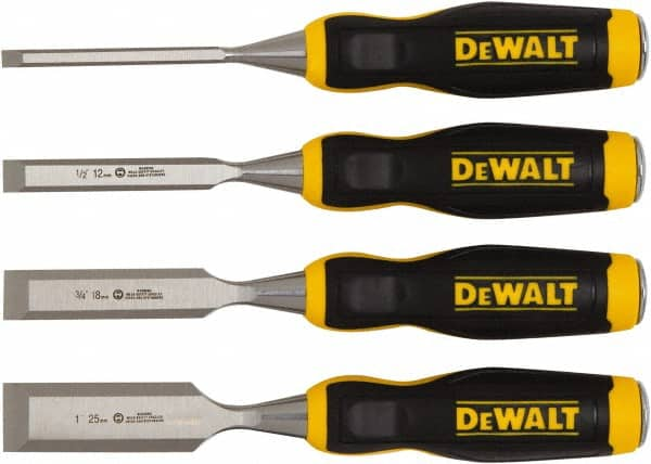 DeWALT - 4 Piece Wood Chisel Set - 11-29/32" OAL, High-impact Polypropylene & Rubber, Sizes Included 1/4 to 1" - Caliber Tooling