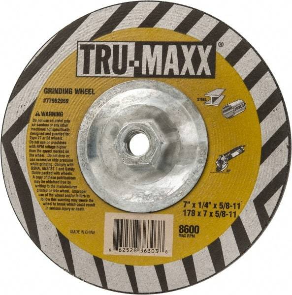 Tru-Maxx - 7" Wheel Diam, 1/4" Wheel Thickness, Type 27 Depressed Center Wheel - Aluminum Oxide, 8,600 Max RPM, Compatible with Angle Grinder - Caliber Tooling