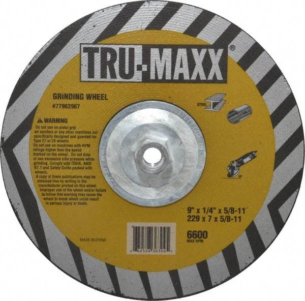 Tru-Maxx - 9" Wheel Diam, 1/4" Wheel Thickness, Type 27 Depressed Center Wheel - Aluminum Oxide, 6,600 Max RPM, Compatible with Angle Grinder - Caliber Tooling