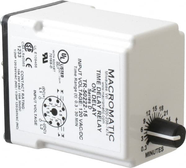 Macromatic - 8 Pin, 0.3 to 30 min Delay, Multiple Range DPDT Time Delay Relay - 10 Contact Amp, 120 VAC/VDC, Knob - Caliber Tooling