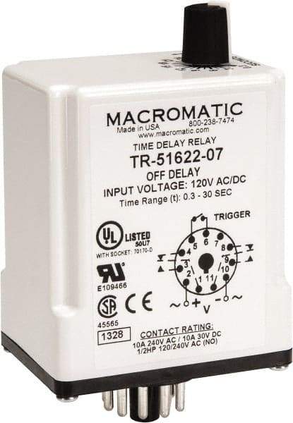 Macromatic - 11 Pin, Multiple Range DPDT Time Delay Relay - 10 Contact Amp, 120 VAC/VDC, Knob - Caliber Tooling