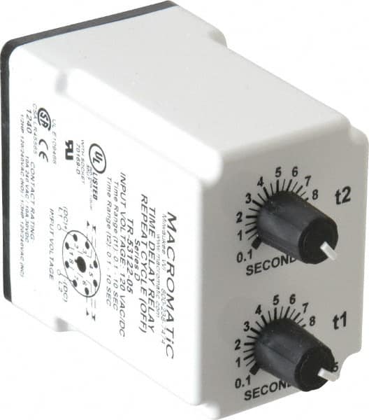 Macromatic - 8 Pin, Multiple Range DPDT Time Delay Relay - 10 Contact Amp, 120 VAC/VDC, Knob - Caliber Tooling