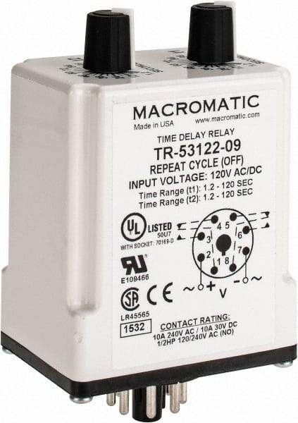 Macromatic - 8 Pin, Multiple Range DPDT Time Delay Relay - 10 Contact Amp, 120 VAC/VDC, Knob - Caliber Tooling