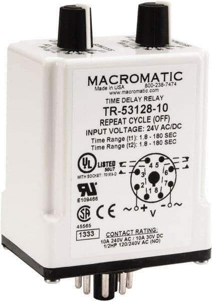 Macromatic - 8 Pin, Multiple Range DPDT Time Delay Relay - 10 Contact Amp, 24 VAC/VDC, Knob - Caliber Tooling