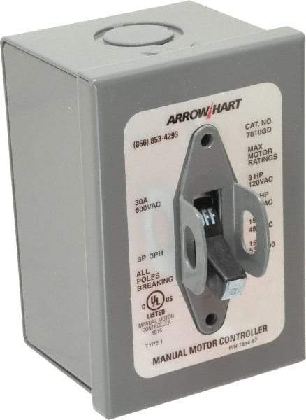 Cooper Wiring Devices - 3 Poles, 30 Amp, 3PST, NEMA, Enclosed Manual Motor Starter - 66.8mm Wide x 118.62mm Deep x 112.27mm High, 15 hp at 480 V, 15 hp at 600 V, 3 hp at 120 V & 7-1/2 hp at 240 V, CSA C22.2 No. 14, NEMA 1 & UL 508 - Caliber Tooling