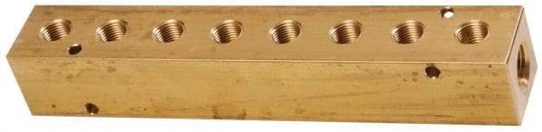 Made in USA - 3/8" Inlet, 1/4" Outlet Manifold - 7.38" Long x 1-1/4" Wide x 1-1/4" High, 0.2" Mount Hole, 2 Inlet Ports, 8 Outlet Ports - Caliber Tooling