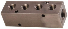 Made in USA - 1/2" Inlet, 3/8" Outlet Manifold - 4-3/4" Long x 1-1/2" Wide x 1-1/2" High, 0.2" Mount Hole, 2 Inlet Ports, 4 Outlet Ports - Caliber Tooling