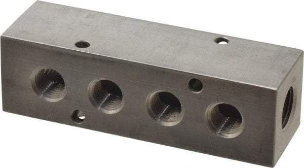 Made in USA - 3/8" Inlet, 1/4" Outlet Manifold - 4.12" Long x 1-1/4" Wide x 1-1/4" High, 0.2" Mount Hole, 2 Inlet Ports, 4 Outlet Ports - Caliber Tooling