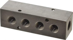 Made in USA - 3/8" Inlet, 1/4" Outlet Manifold - 4.12" Long x 1-1/4" Wide x 1-1/4" High, 0.2" Mount Hole, 2 Inlet Ports, 4 Outlet Ports - Caliber Tooling