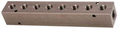 Made in USA - 3/8" Inlet, 1/4" Outlet Manifold - 7.63" Long x 1-1/4" Wide x 1-1/4" High, 0.2" Mount Hole, 2 Inlet Ports, 8 Outlet Ports - Caliber Tooling