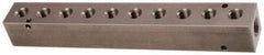 Made in USA - 1/4" Inlet, 1/8" Outlet Manifold - 7-3/4" Long x 1" Wide x 1" High, 0.17" Mount Hole, 2 Inlet Ports, 10 Outlet Ports - Caliber Tooling