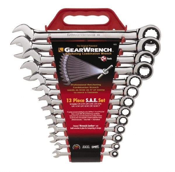 GearWrench - 13 Piece, 1/4" to 1", Combination Wrench Set - Inch Measurement Standard, Chrome Finish, Comes in Plastic Rack - Caliber Tooling