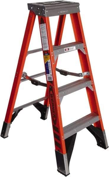 Werner - 3 Steps, 4' High, Type IAA Rating, Fiberglass Step Ladder - 375 Lb Capacity, 21-1/2" Base Width - Caliber Tooling