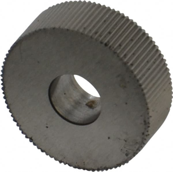 Made in USA - 3/4" Diam, 80° Tooth Angle, Standard (Shape), Form Type High Speed Steel Straight Knurl Wheel - 1/4" Face Width, 1/4" Hole, 128 Diametral Pitch, Bright Finish, Series KN - Exact Industrial Supply