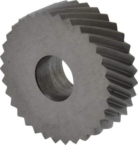 Made in USA - 3/4" Diam, 90° Tooth Angle, 16 TPI, Standard (Shape), Form Type Cobalt Right-Hand Diagonal Knurl Wheel - 1/4" Face Width, 1/4" Hole, Circular Pitch, 30° Helix, Bright Finish, Series KN - Exact Industrial Supply