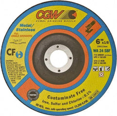 Camel Grinding Wheels - 24 Grit, 6" Wheel Diam, 1/8" Wheel Thickness, Type 27 Depressed Center Wheel - Coarse Grade, Aluminum Oxide, Resinoid Bond, 10,200 Max RPM - Caliber Tooling