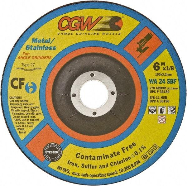 Camel Grinding Wheels - 24 Grit, 5" Wheel Diam, 1/8" Wheel Thickness, 7/8" Arbor Hole, Type 27 Depressed Center Wheel - Coarse Grade, Aluminum Oxide, Resinoid Bond, 12,250 Max RPM - Caliber Tooling