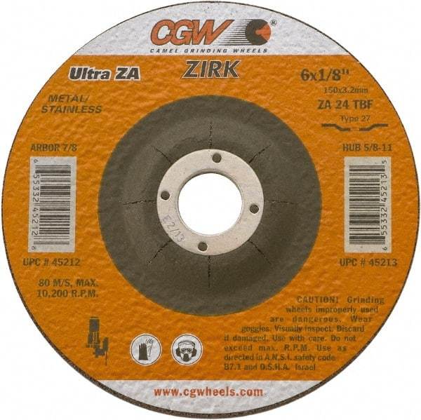 Camel Grinding Wheels - 24 Grit, 4" Wheel Diam, 1/8" Wheel Thickness, 3/8" Arbor Hole, Type 27 Depressed Center Wheel - Coarse Grade, Zirconia Alumina, Resinoid Bond, 15,300 Max RPM - Caliber Tooling