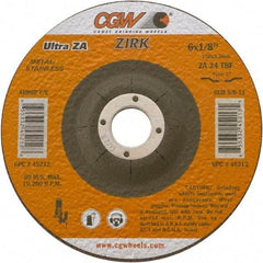 Camel Grinding Wheels - 24 Grit, 4" Wheel Diam, 1/8" Wheel Thickness, 3/8" Arbor Hole, Type 27 Depressed Center Wheel - Coarse Grade, Zirconia Alumina, Resinoid Bond, 15,300 Max RPM - Caliber Tooling