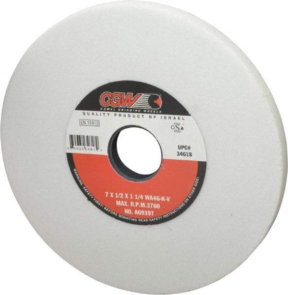 Camel Grinding Wheels - 7" Diam x 1-1/4" Hole x 1/2" Thick, K Hardness, 46 Grit Surface Grinding Wheel - Aluminum Oxide, Type 1, Coarse Grade, 3,760 Max RPM, Vitrified Bond, No Recess - Caliber Tooling