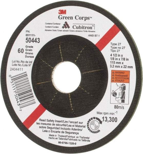 3M - 60 Grit, 4-1/2" Wheel Diam, 1/8" Wheel Thickness, 7/8" Arbor Hole, Type 27 Depressed Center Wheel - Ceramic, 13,300 Max RPM - Caliber Tooling