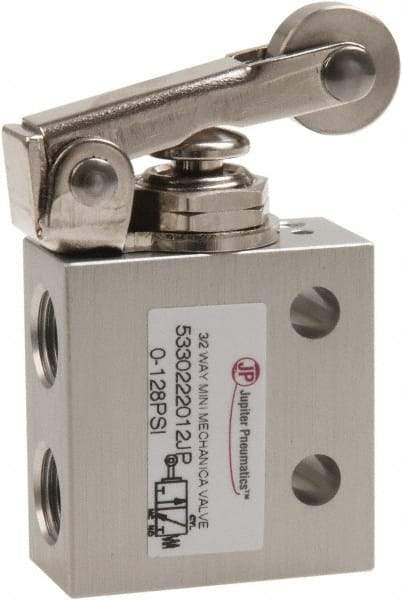 Value Collection - 1/8" NPT 3 Way, 2 Position Mini Mechanical Valve - 0.298 CV Rate, 7 CFM, 127.98 Max psi, Roller Lever/Spring Actuator - Caliber Tooling