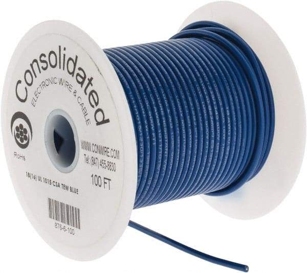 Made in USA - 18 AWG, 16 Strand, 100' OAL, Tinned Copper Hook Up Wire - Blue PVC Jacket, 0.106" Diam - Caliber Tooling