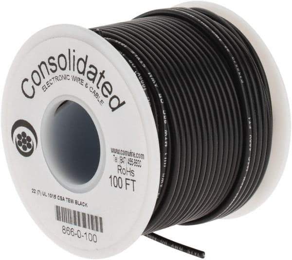 Made in USA - 22 AWG, 7 Strand, 100' OAL, Tinned Copper Hook Up Wire - Black PVC Jacket, 0.091" Diam - Caliber Tooling