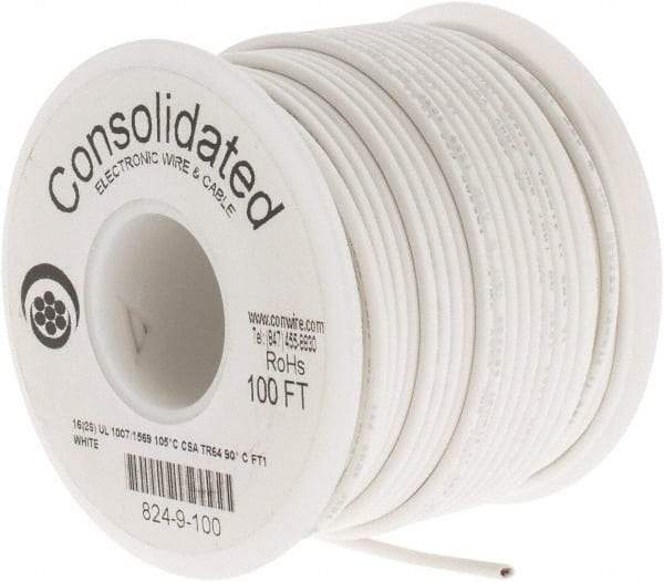 Made in USA - 16 AWG, 26 Strand, 100' OAL, Tinned Copper Hook Up Wire - White PVC Jacket, 0.092" Diam - Caliber Tooling