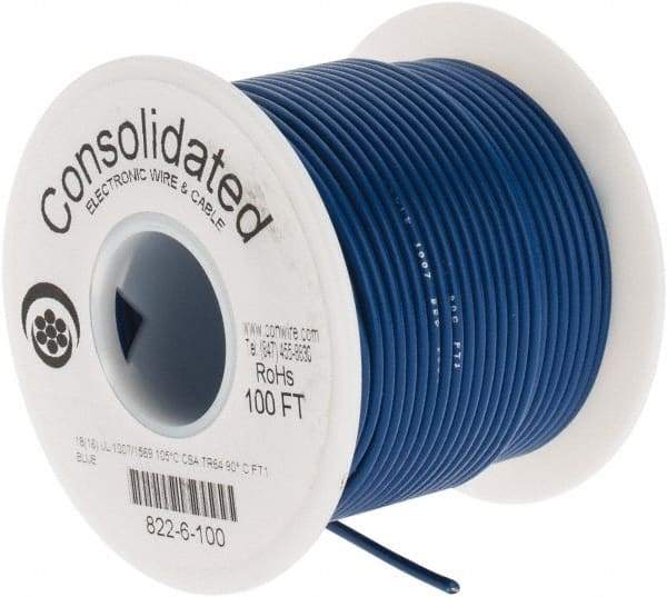 Made in USA - 18 AWG, 16 Strand, 100' OAL, Tinned Copper Hook Up Wire - Blue PVC Jacket, 0.08" Diam - Caliber Tooling