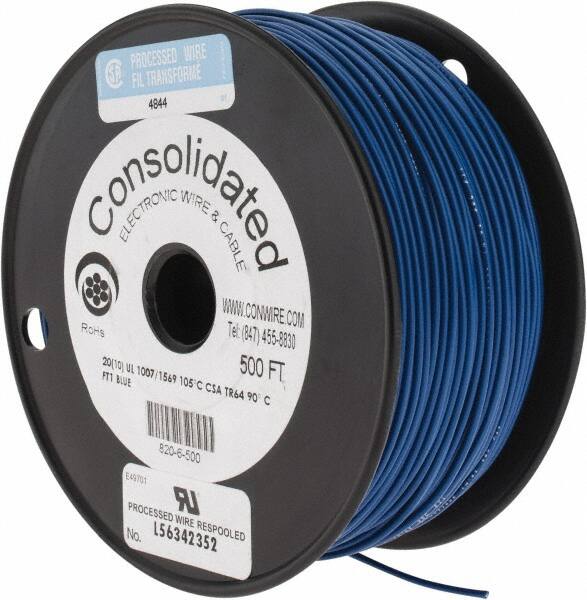 Made in USA - 20 AWG, 10 Strand, 500' OAL, Tinned Copper Hook Up Wire - Blue PVC Jacket, 0.07" Diam - Caliber Tooling