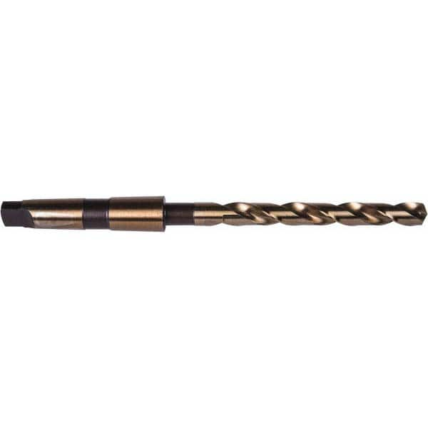 Taper Shank Drill Bit: 0.875″ Dia, 3MT, 135 °, High Speed Steel Gold & Oxide Finish, 10.75″ OAL, Notched Point, Spiral Flute