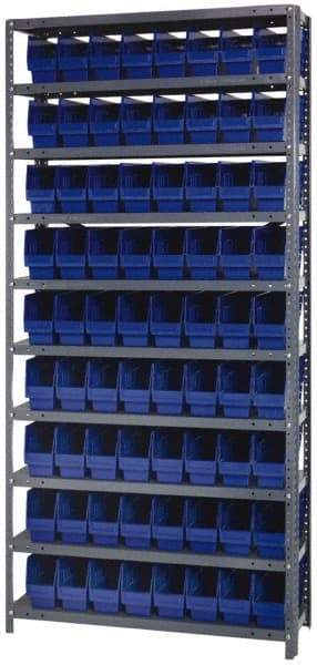 Quantum Storage - 72 Bin Store-More Shelf Bin System - 36 Inch Overall Width x 12 Inch Overall Depth x 75 Inch Overall Height, Blue Polypropylene Bins - Caliber Tooling