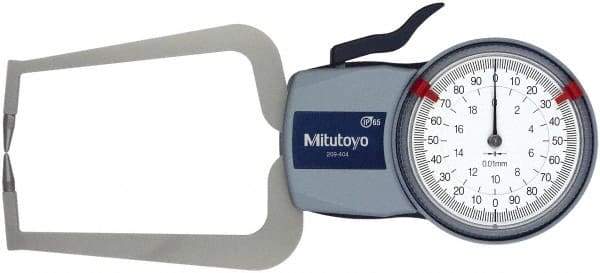 Mitutoyo - 20mm Max Measurement, 0.01mm Graduation, Outside Dial Caliper Gage - 3.3465 Inch Leg Length, 0.03mm Accuracy - Caliber Tooling