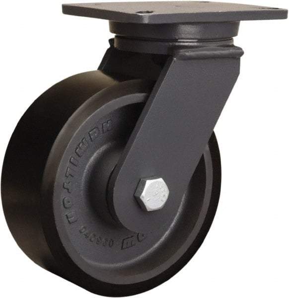 Hamilton - 8" Diam x 3" Wide x 10-1/2" OAH Top Plate Mount Swivel Caster - Polyurethane Mold onto Cast Iron Center, 3,250 Lb Capacity, Tapered Roller Bearing, 5-1/4 x 7-1/4" Plate - Caliber Tooling