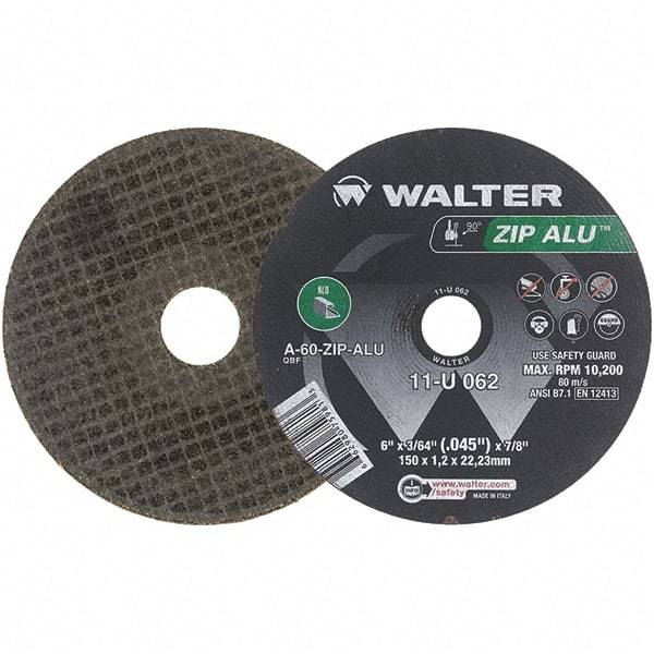 WALTER Surface Technologies - 6" 60 Grit Aluminum Oxide Cutoff Wheel - 3/64" Thick, 7/8" Arbor, 10,200 Max RPM, Use with Angle Grinders - Caliber Tooling