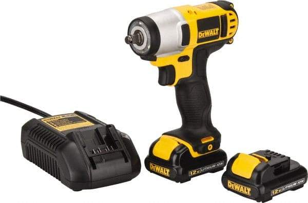 DeWALT - 3/8" Drive 12 Volt Pistol Grip Cordless Impact Wrench & Ratchet - 2,450 RPM, 0 to 3,400 BPM, 96 Ft/Lb Torque, 2 Lithium-Ion Batteries Included - Caliber Tooling