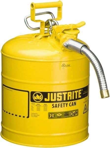 Justrite - 5 Gal Galvanized Steel Self-Closing, Self-Venting, Full-Length Flame Arrester - 16-7/8" High x 11-3/4" Diam, Yellow - Caliber Tooling