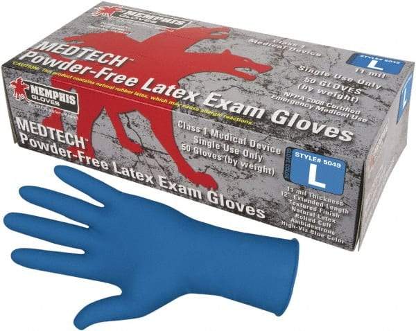 MCR Safety - Size XL, 11 mil, Medical Grade, Powder Free Latex Disposable Gloves - 12" Long, Blue, Textured Rolled Cuffs, FDA Approved, Ambidextrous - Caliber Tooling