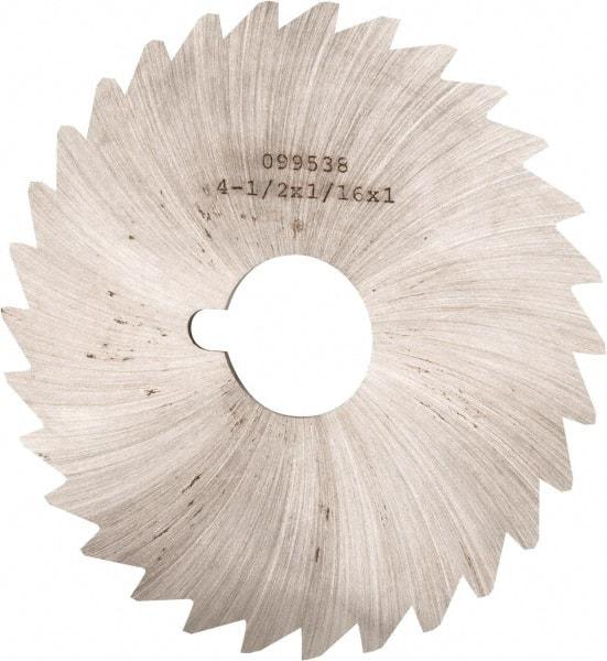 Made in USA - 4-1/2" Diam x 1/16" Blade Thickness x 1" Arbor Hole Diam, 40 Tooth Slitting and Slotting Saw - Arbor Connection, Right Hand, Uncoated, High Speed Steel, Concave Ground, Contains Keyway - Caliber Tooling