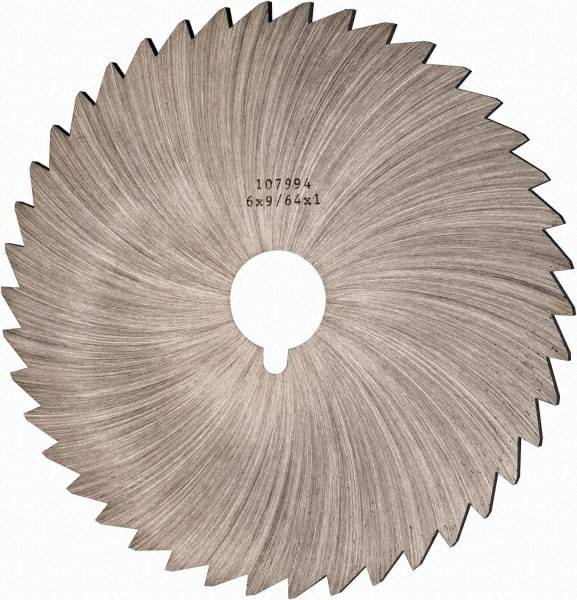 Made in USA - 6" Diam x 9/64" Blade Thickness x 1" Arbor Hole Diam, 44 Tooth Slitting and Slotting Saw - Arbor Connection, Right Hand, Uncoated, High Speed Steel, Concave Ground, Contains Keyway - Caliber Tooling