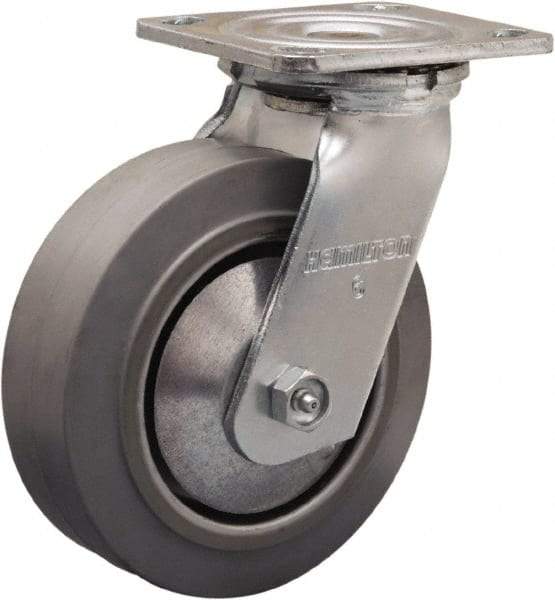 Hamilton - 6" Diam x 2" Wide x 7-1/2" OAH Top Plate Mount Swivel Caster - Rubber Mold on Aluminum, 410 Lb Capacity, Straight Roller Bearing, 4 x 4-1/2" Plate - Caliber Tooling