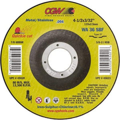 Camel Grinding Wheels - 36 Grit, 6" Wheel Diam, 3/32" Wheel Thickness, Type 27 Depressed Center Wheel - Medium Grade, Aluminum Oxide, Resinoid Bond, 10,200 Max RPM - Caliber Tooling