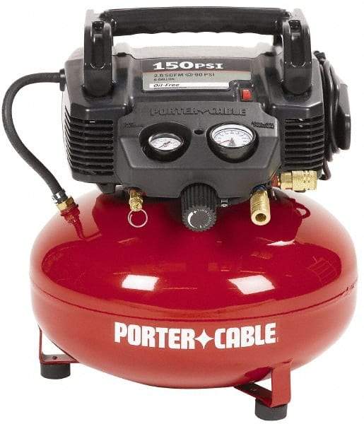 Porter-Cable - 0.8 HP, 2.6 CFM Pancake Electric Oil Free Compressor - 6 Gallon Tank, 10 Amp, 150 Max psi, 120V - Caliber Tooling