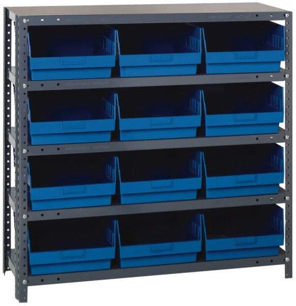 Quantum Storage - 12 Bin Store-More Shelf Bin System - 36 Inch Overall Width x 12 Inch Overall Depth x 39 Inch Overall Height, Blue Polypropylene Bins - Caliber Tooling